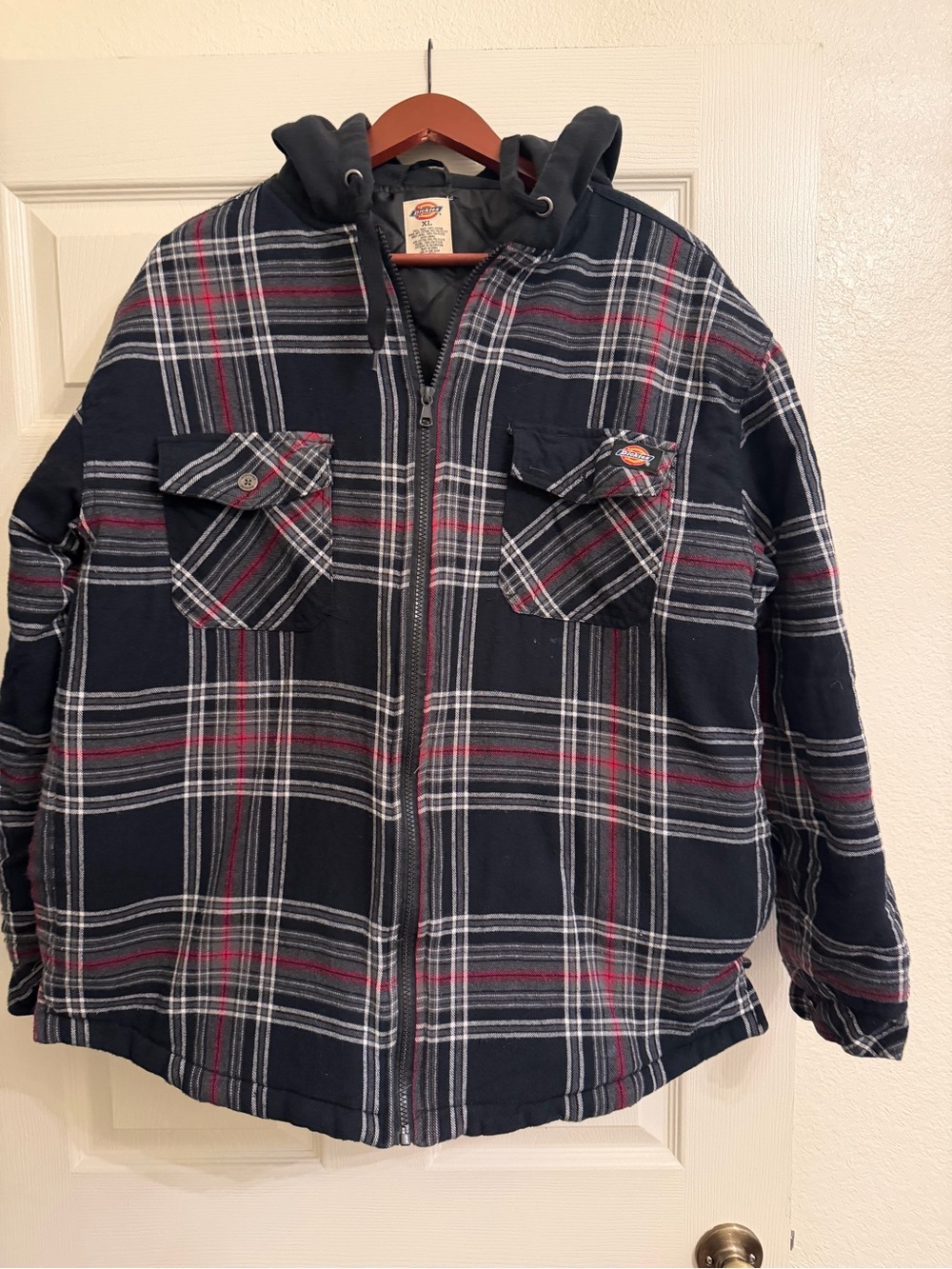 Dickies Navy Plaid Hooded shirt Jacket with Red & White Accents and zipper